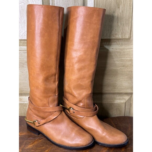 Ralph Lauren Jenny Women Size 8.5B Tan Leather Gold Hardware Riding Tall Boot - Picture 1 of 9